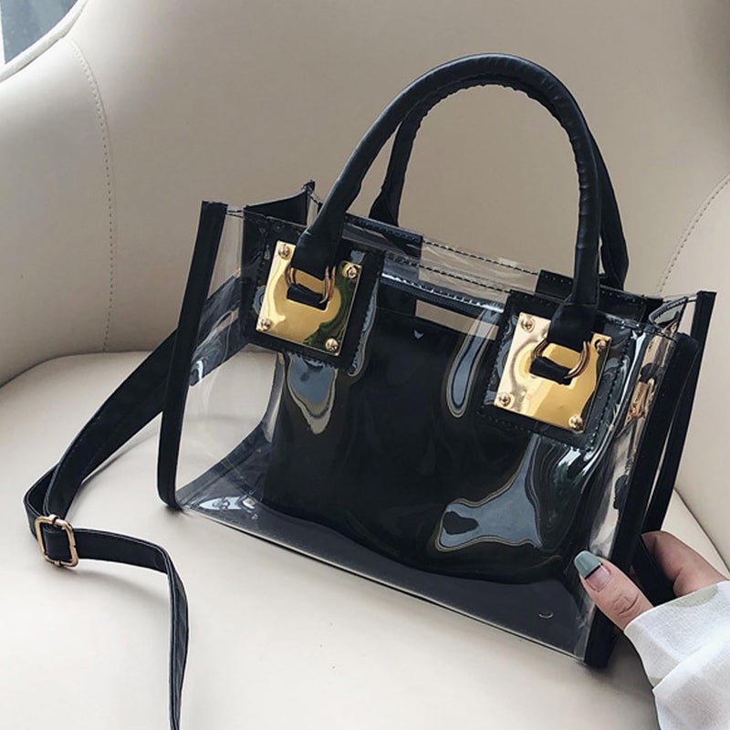 Rullar 2Pcs Clear Handbag Purse PVC Tote Shoulder Top-handle Bag Women Small Transparent Satchel Black - Image 2